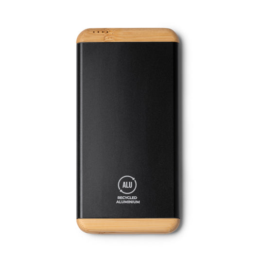 Stamina Guler recycled aluminium and bamboo power bank in black, ready for logo printing