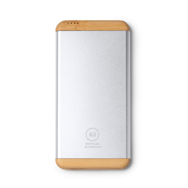Stamina Guler recycled aluminium and bamboo power bank in silver, ready for logo printing