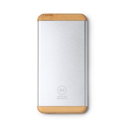 Stamina Guler recycled aluminium and bamboo power bank in silver, ready for logo printing
