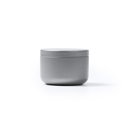 Stamina Gento a round metal candle in silver, ready for laser engraving