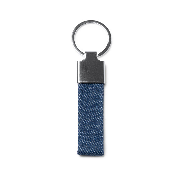 Stamina Brady denim fabric keyring in heather denim, ready for laser engraving