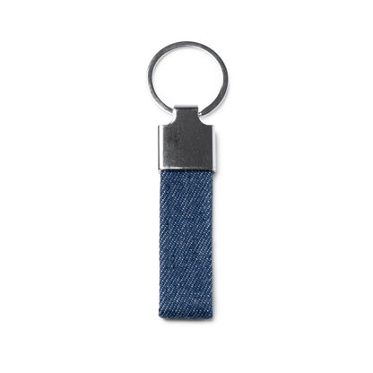Stamina Brady denim fabric keyring in heather denim, ready for laser engraving