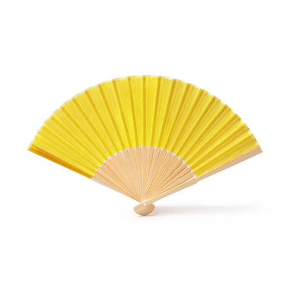 Stamina Lidia fan with bamboo rods and polyester fabric in yellow, ready for logo printing