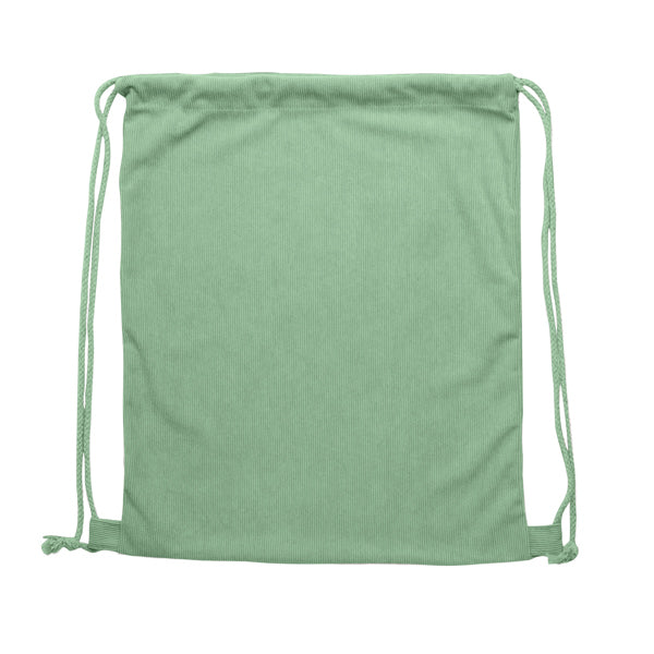 Stamina Masur corduroy fabric drawstring bag in sage green, ready for logo printing