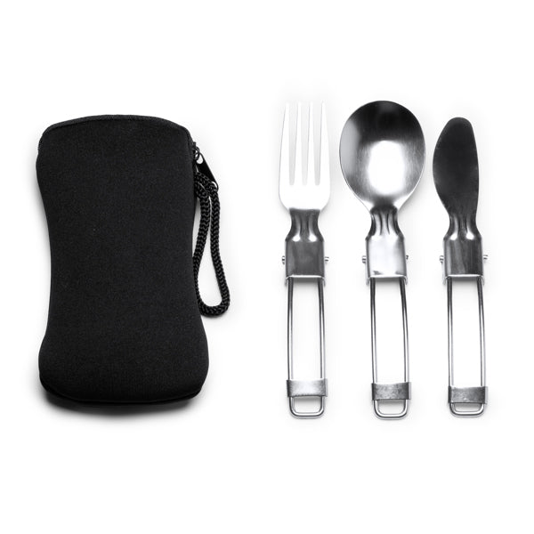 Stamina Tinker stainless steel folding cutlery set in black, ready for laser engraving