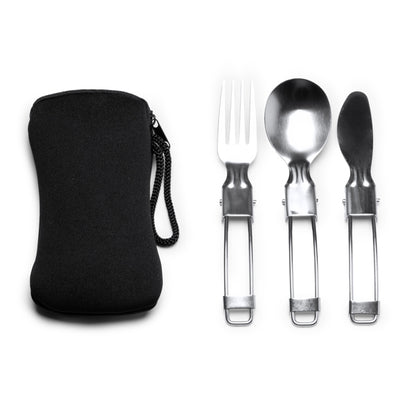 Stamina Tinker stainless steel folding cutlery set in black, ready for laser engraving