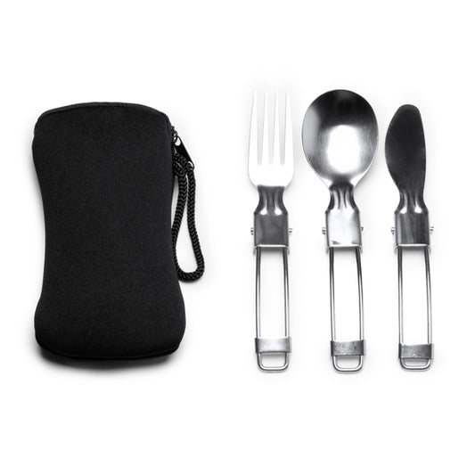 Stamina Tinker stainless steel folding cutlery set in black, ready for laser engraving
