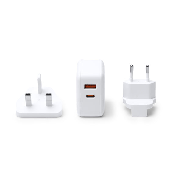 Stamina Bapek universal travel adapter in white, ready for logo printing