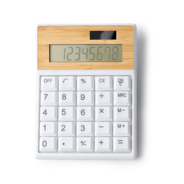 Stamina Verex recycled ABS and bamboo calculator in white, ready for laser engraving