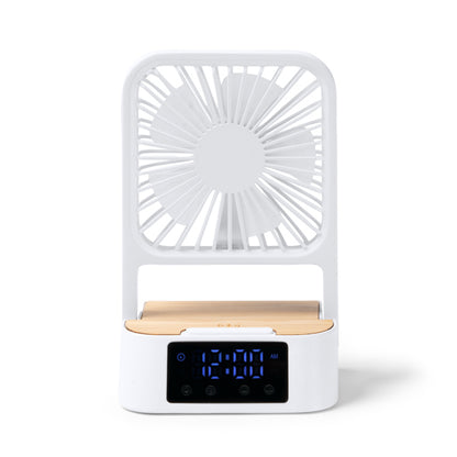 Stamina Fuyi recycled ABS and bamboo desk fan in white, ready for laser engraving
