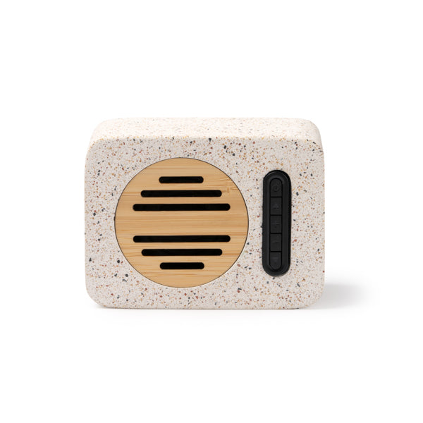 Stamina Miler recycled terrazzo stone and Bluetooth speaker in beige, ready for laser engraving