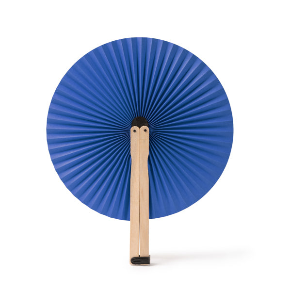 Stamina Tao wood hand fan in royal blue, ready for laser engraving
