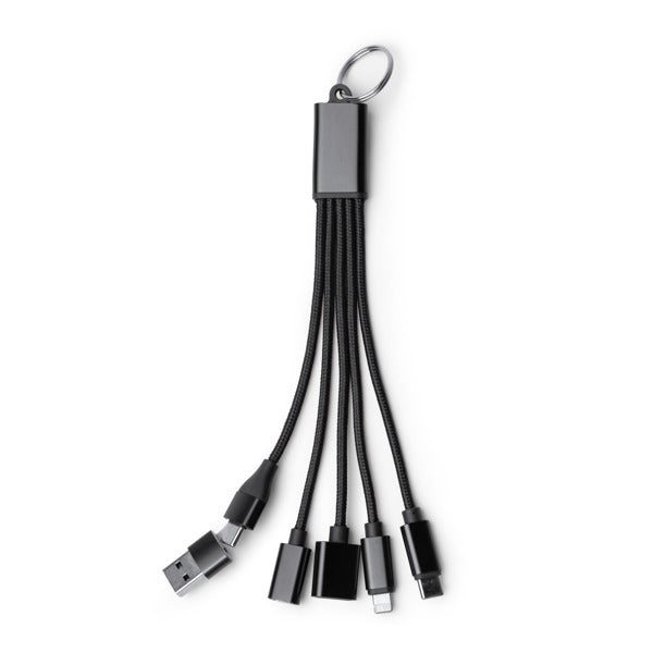 Stamina Koltax recycled aluminium 7-in-1 charging cable in black, ready for laser engraving