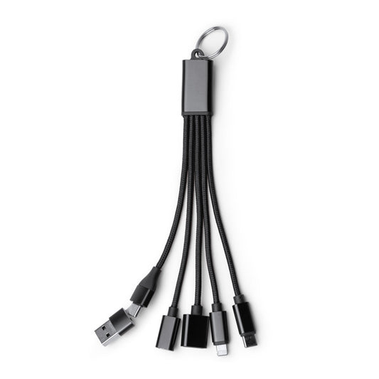Stamina Koltax recycled aluminium 7-in-1 charging cable in black, ready for laser engraving