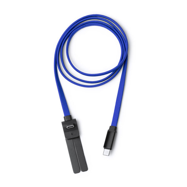 Stamina Pegasi recycled nylon charging cable in royal blue, ready for laser engraving