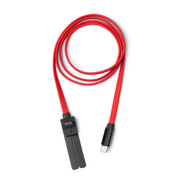 Stamina Pegasi recycled nylon charging cable in red, ready for laser engraving