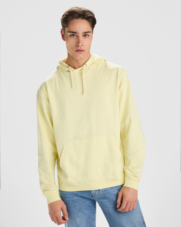 Roly Kenia unisex hoodie in sweet yellow wash, alternative view, ready for logo printing or embroidery