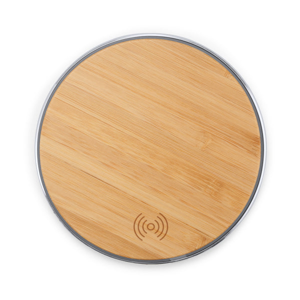 Stamina Falcon wireless charger with 10w of power in bamboo, ready for logo printing