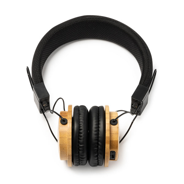 Stamina Tango bamboo and RPET fabric headphones in black, ready for laser engraving