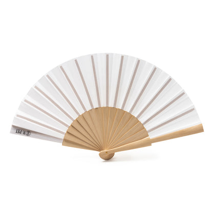 Stamina Milos hand fan with wooden ribs and RPET fabric, ready for logo printing