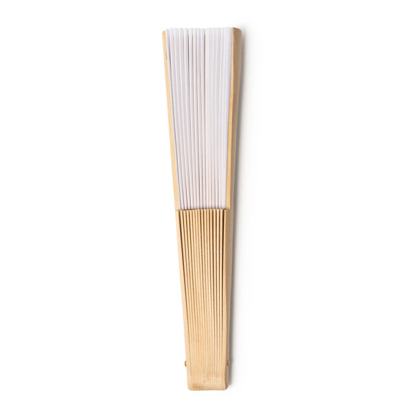 Stamina Milos hand fan with wooden ribs and RPET fabric in white, ready for logo printing