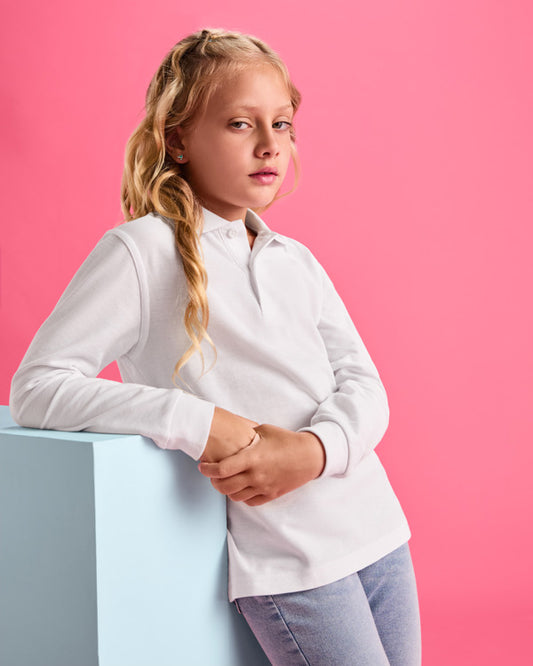 Roly Carpe Child kids' long-sleeve polo shirt in white, alternative view, ready for logo printing or embroidery