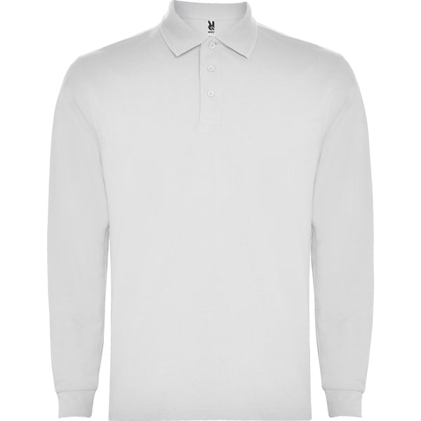 Roly Carpe men's long-sleeve polo shirt in white, ready for logo printing or embroidery