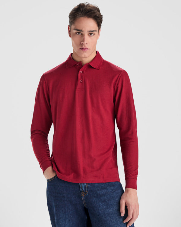 Roly Carpe men's long-sleeve polo shirt in white, alternative view, ready for logo printing or embroidery