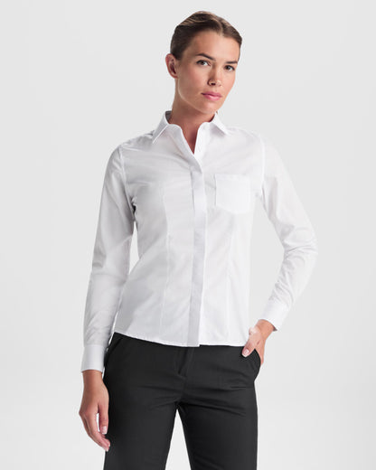 Roly WRK Sofia L/s women's shirt in white, alternative view, ready for logo printing or embroidery