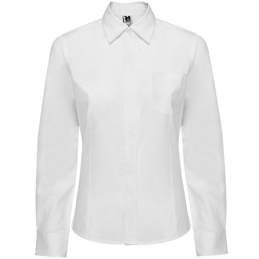 Roly WRK Sofia L/s women's shirt in white, ready for logo printing or embroidery