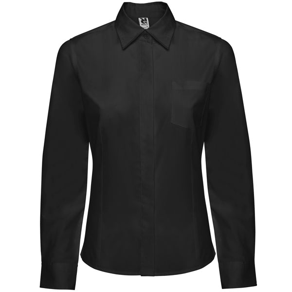 Roly WRK Sofia L/s women's shirt in black, ready for logo printing or embroidery