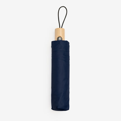 Stamina Nauro polyester and wood umbrella in navy blue, ready for logo printing