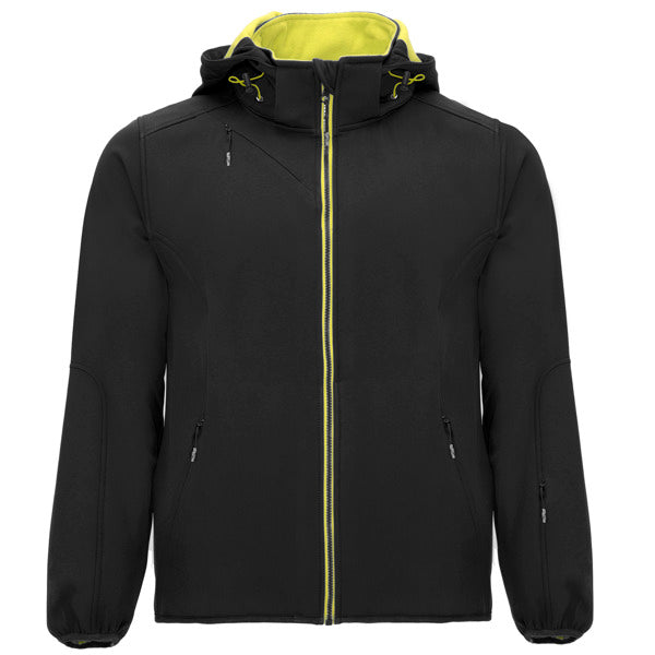 Roly Siberia men's softshell jacket in black/punch lime, ready for logo printing or embroidery