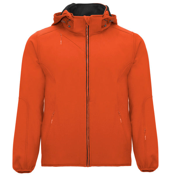Roly Siberia men's softshell jacket in vermillion orange/ebony, ready for logo printing or embroidery