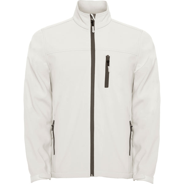 Roly Antartida men's softshell jacket in pearl white, ready for logo printing or embroidery
