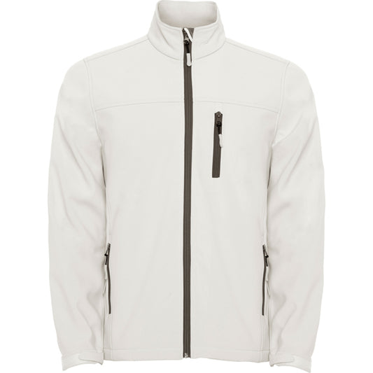 Roly Antartida men's softshell jacket in pearl white, ready for logo printing or embroidery