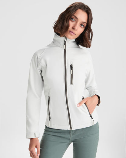 Roly Antartida Woman women's softshell jacket in pearl white, alternative view, ready for logo printing or embroidery