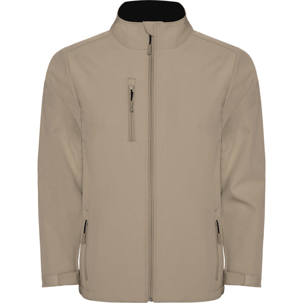 Roly Nebraska men's softshell jacket in dark sand, ready for logo printing or embroidery