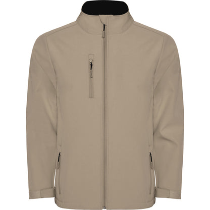 Roly Nebraska men's softshell jacket in dark sand, ready for logo printing or embroidery