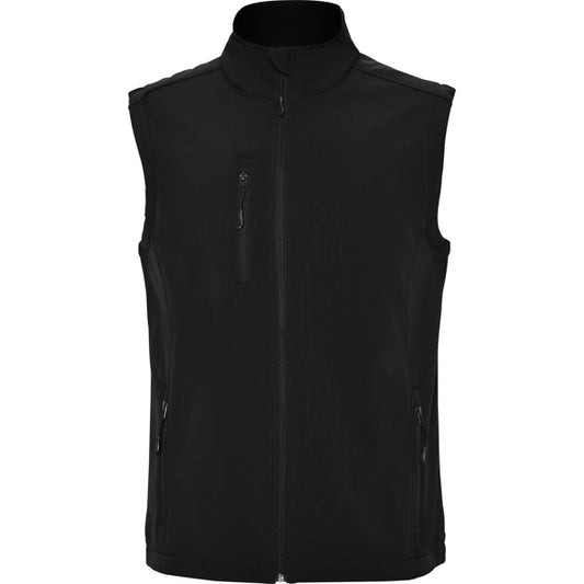 Roly Quebec men's softshell gilet in black, ready for logo printing or embroidery