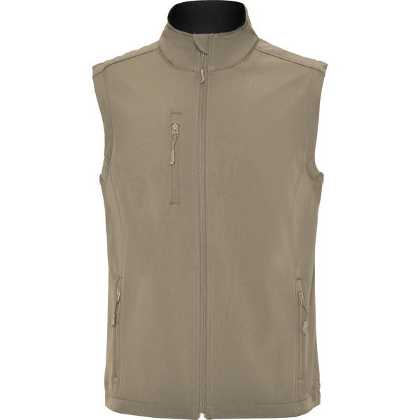 Roly Quebec men's softshell gilet in dark sand, ready for logo printing or embroidery