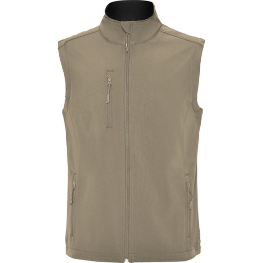 Roly Quebec men's softshell gilet in dark sand, ready for logo printing or embroidery