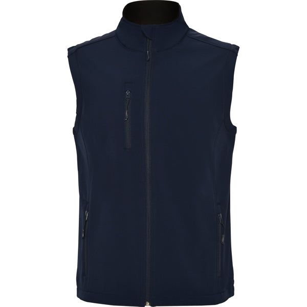 Roly Quebec men's softshell gilet in navy blue, ready for logo printing or embroidery