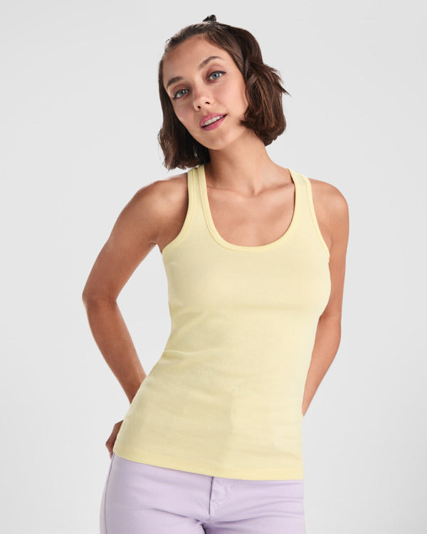 Roly Carolina women's tank top in white, alternative view, ready for logo printing or embroidery