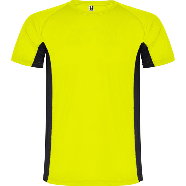 Roly Shanghai men's T-shirt in fluor yellow/black, ready for logo printing or embroidery