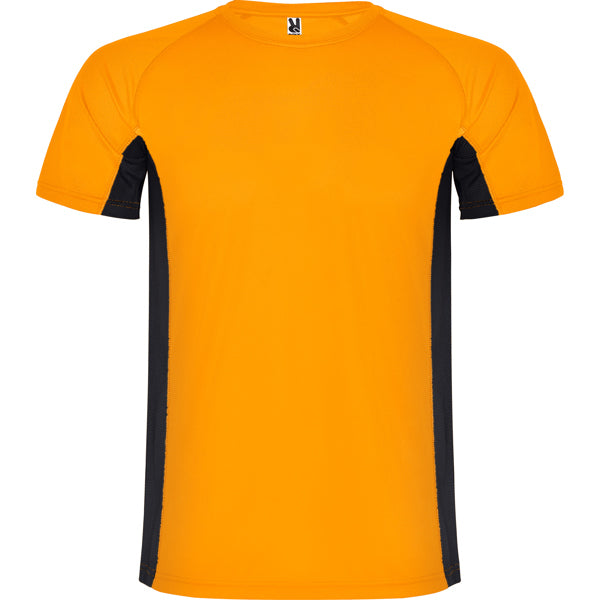 Roly Shanghai men's T-shirt in fluor orange/black, ready for logo printing or embroidery