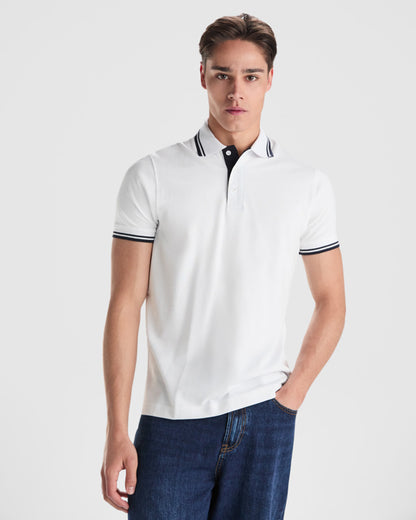 Roly Montreal men's polo shirt in white/navy blue, alternative view, ready for logo printing or embroidery
