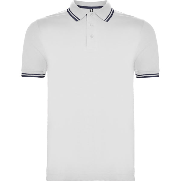 Roly Montreal men's polo shirt in white/navy blue, ready for logo printing or embroidery