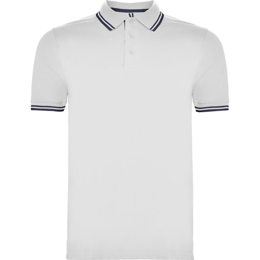 Roly Montreal men's polo shirt in white/navy blue, ready for logo printing or embroidery