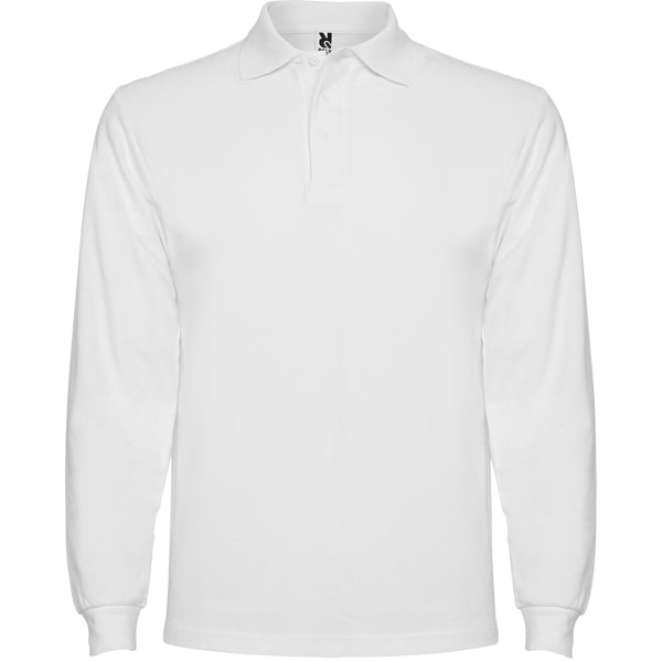Roly Estrella L/s men's long-sleeve polo shirt in white, ready for logo printing or embroidery